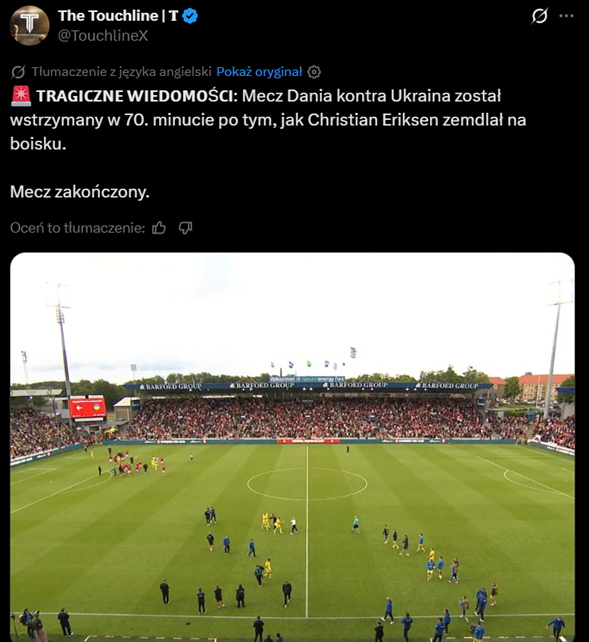 MECZ PRZERWANY! Piłkarz reprezentacji Danii ZEMDLAŁ NA MURAWIE!